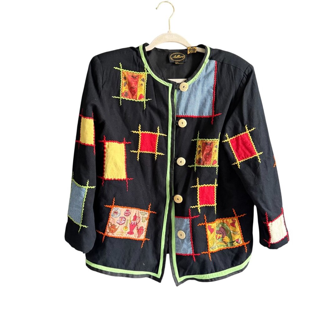 Vtg Allure Embroidered Patch Work Button Front Ja… - image 1